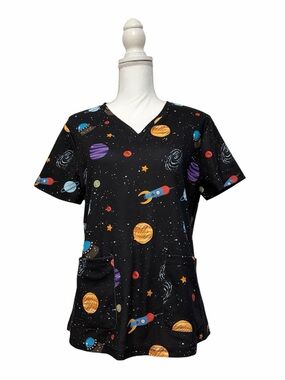 SHEIN Black Rocket and Planet Print Nursing Medical Scrub Top Women’s XL Fitted